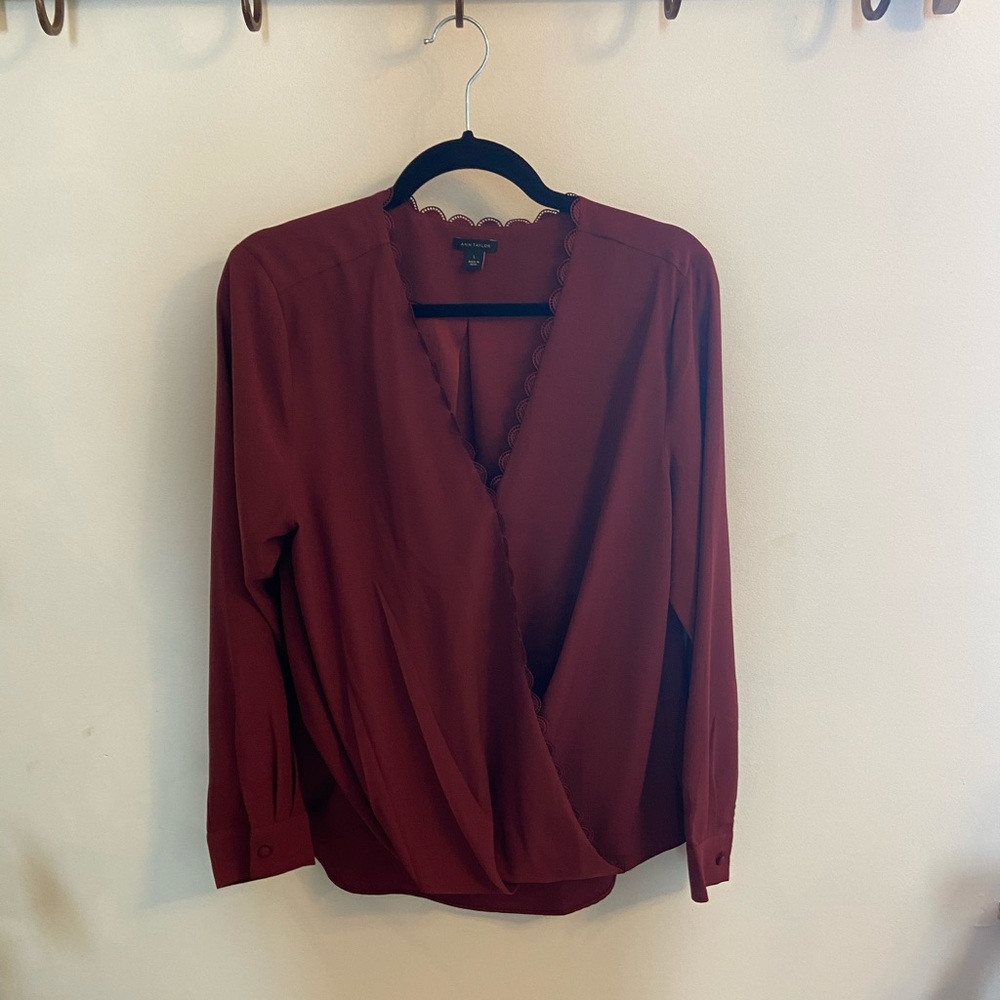 NEW: Ann Taylor Long Sleeve V-Neck with Scalloped Edging